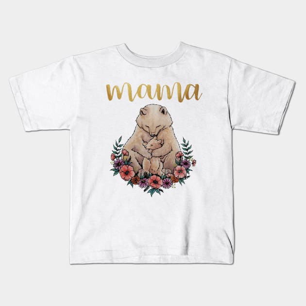 Watercolor Mothers Day Mama Bear with Cub and Flowers Kids T-Shirt by Jessfm